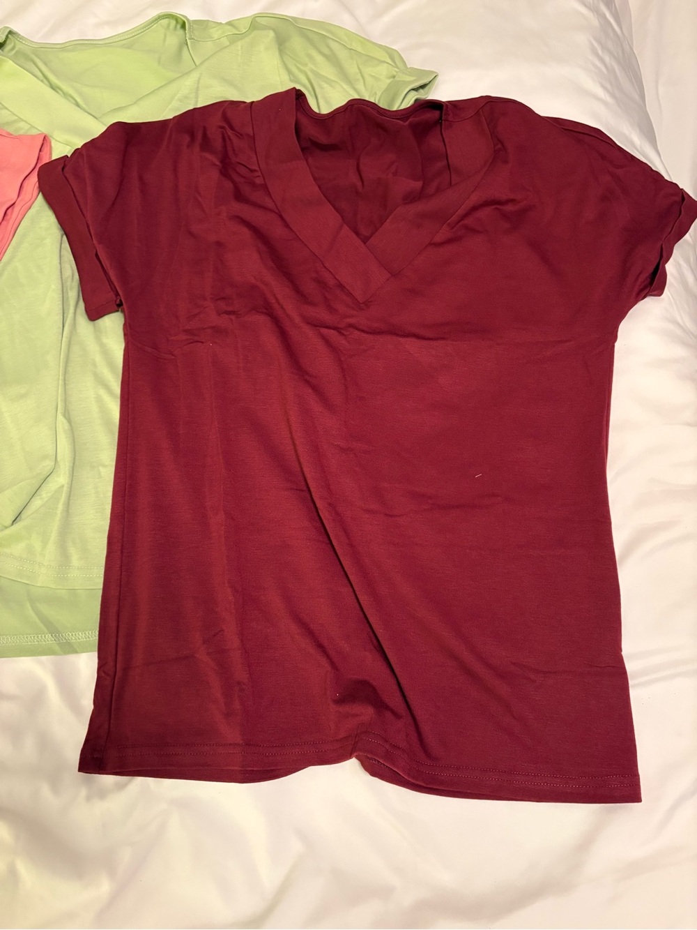 Three pack Women’s V-Neck Short Sleeve Top - Redwood, Light Green and Pink